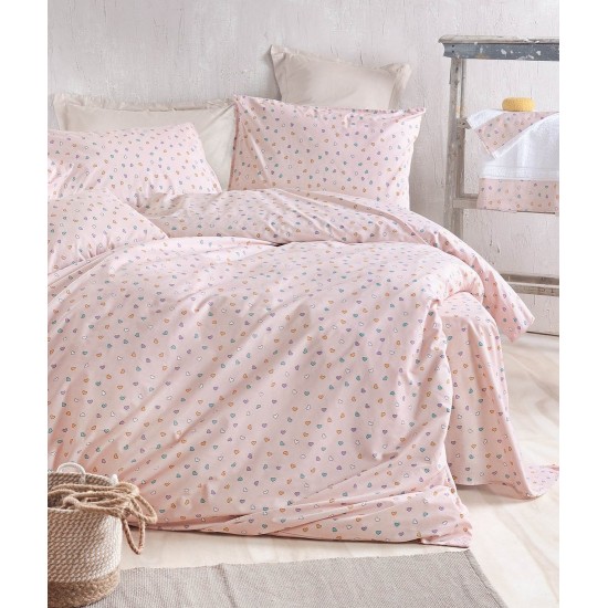 Σεντόνια Υπέρδιπλα Σετ Symbol Tiny Heart Salmon Cotton Rythmos (165x205+30 ) Με Λάστιχο 4Τεμ