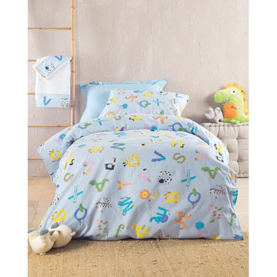 Σεντόνια Μονά Σετ Kids Letterland Blue Cotton Rythmos (105x205+30 ) Με Λάστιχο 3Τεμ