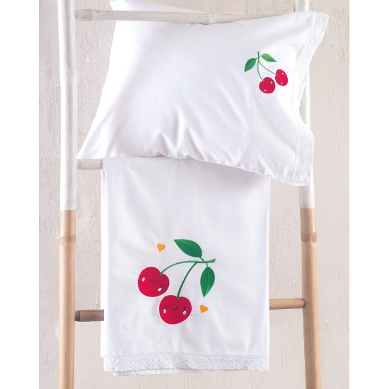 Σεντόνια Βρεφικά Με Κέντημα Κούνιας Σετ Newborn Cherries Cotton Rythmos (105x160) 3Τεμ
