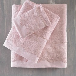 Πετσέτες Νυφικές Με Δαντέλα Σετ Wedding Collection Anika Pink Cotton Rythmos 3Τεμ
