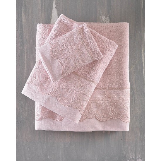 Πετσέτες Νυφικές Με Δαντέλα Σετ Wedding Collection Anika Pink Cotton Rythmos 3Τεμ