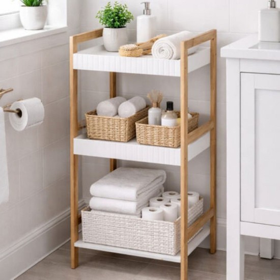 Ραφιέρα Μπάνιου Από Μπαμπού & MDF Natural-White Με 3 Ράφια MRShome (360 Μήκος x 800 Ύψος x 330 Πλάτος) 1Τεμ