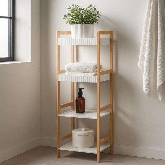 Ραφιέρα Μπάνιου Από Μπαμπού & MDF Natural-White Με 4 Ράφια MRShome (3600 Μήκος x 1100 Ύψος x 330 Πλάτος) 1Τεμ