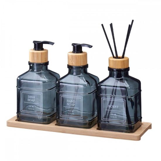Σετ Δύο Dispenser & Αρωματικό Χώρου με Sticks Γυάλινο-Μπαμπού Με Δίσκο Grey MRShome 3Τεμ