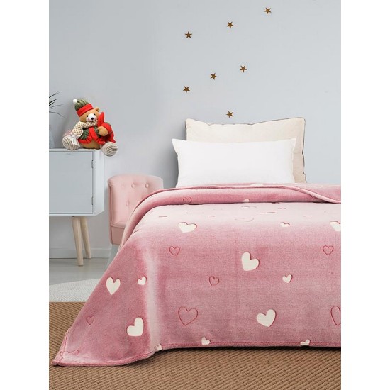Κουβέρτα Fleece Φωσφοριζέ Μονή Kids Hearts Pink Sunshine (160x220) 1Τεμ
