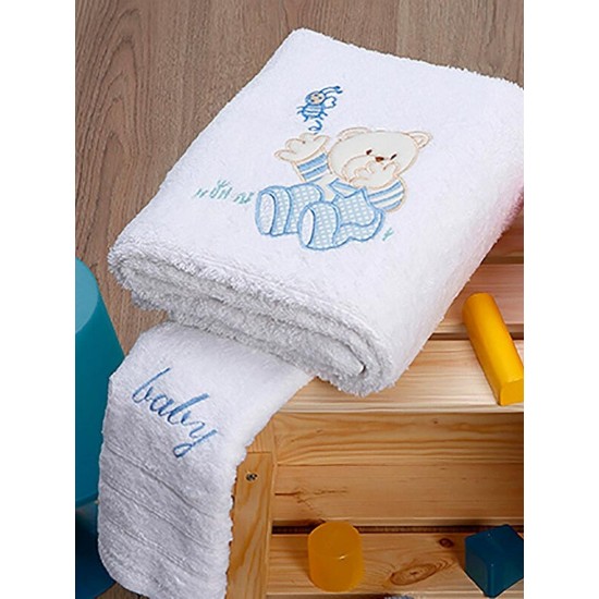 Πετσέτες Βρεφικές Με Κέντημα Σετ Bear 04 White-Blue Cotton Sunshine 2Τεμ