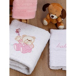 Πετσέτες Βρεφικές Με Κέντημα Σετ Bear 04 White-Pink Cotton Sunshine 2Τεμ