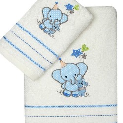 Πετσέτες Βρεφικές Με Κέντημα Σετ Elephant 03 Blue Cotton Sunshine 2Τεμ