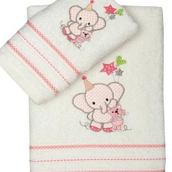 Πετσέτες Βρεφικές Με Κέντημα Σετ Elephant 03 Pink Cotton Sunshine 2Τεμ
