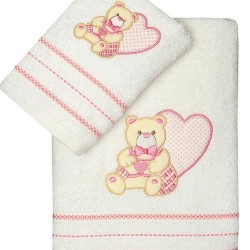 Πετσέτες Βρεφικές Με Κέντημα Σετ Heart 01 Pink Cotton Sunshine 2Τεμ