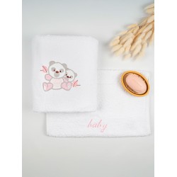 Πετσέτες Βρεφικές Με Κέντημα Σετ Panda 02 White-Pink Cotton Sunshine 2Τεμ