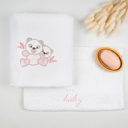 Πετσέτες Βρεφικές Με Κέντημα Σετ Panda 02 White-Pink Cotton Sunshine 2Τεμ