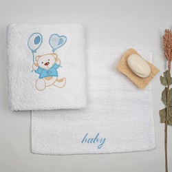 Πετσέτες Βρεφικές Με Κέντημα Σετ Balloon 05 White-Blue Cotton Sunshine 2Τεμ