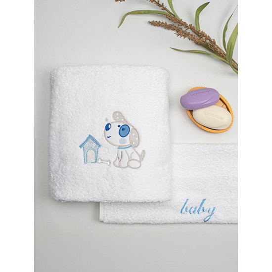 Πετσέτες Βρεφικές Με Κέντημα Σετ Dog 07 White-Blue Cotton Sunshine 2Τεμ