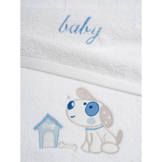 Πετσέτες Βρεφικές Με Κέντημα Σετ Dog 07 White-Blue Cotton Sunshine 2Τεμ