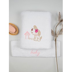 Πετσέτες Βρεφικές Με Κέντημα Σετ Dog 07 White-Pink Cotton Sunshine 2Τεμ