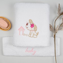 Πετσέτες Βρεφικές Με Κέντημα Σετ Dog 07 White-Pink Cotton Sunshine 2Τεμ