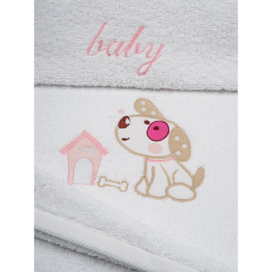 Πετσέτες Βρεφικές Με Κέντημα Σετ Dog 07 White-Pink Cotton Sunshine 2Τεμ