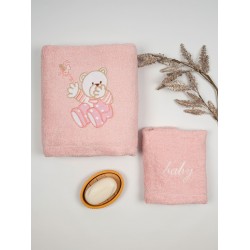Πετσέτες Βρεφικές Με Κέντημα Σετ Bear 04 Pink-Pink Cotton Sunshine 2Τεμ