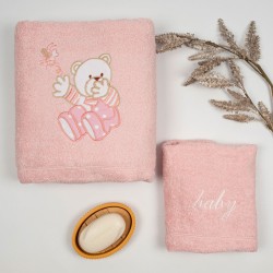 Πετσέτες Βρεφικές Με Κέντημα Σετ Bear 04 Pink-Pink Cotton Sunshine 2Τεμ