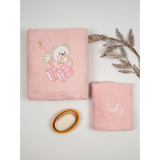 Πετσέτες Βρεφικές Με Κέντημα Σετ Bear 04 Pink-Pink Cotton Sunshine 2Τεμ