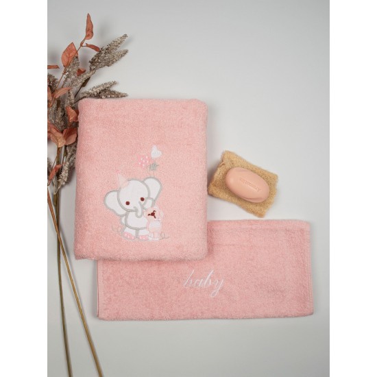 Πετσέτες Βρεφικές Με Κέντημα Σετ Elephant 03 Pink-Pink Cotton Sunshine 2Τεμ