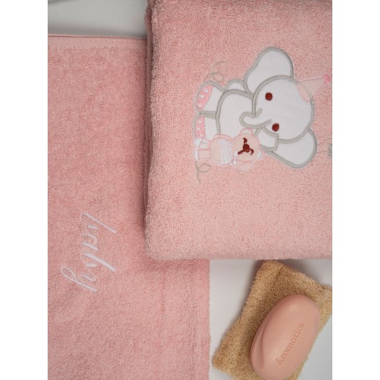 Πετσέτες Βρεφικές Με Κέντημα Σετ Elephant 03 Pink-Pink Cotton Sunshine 2Τεμ