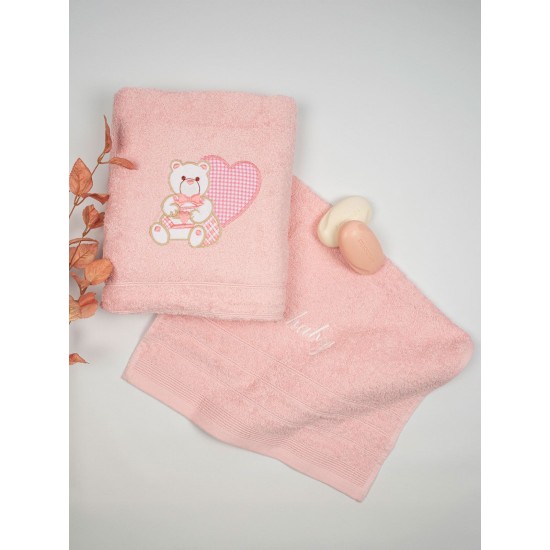 Πετσέτες Βρεφικές Με Κέντημα Σετ Heart 10 Pink-Pink Cotton Sunshine 2Τεμ