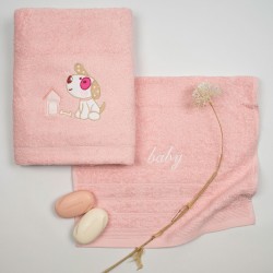 Πετσέτες Βρεφικές Με Κέντημα Σετ Dog 07 Pink-Pink Cotton Sunshine 2Τεμ