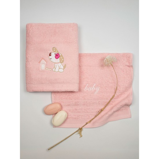 Πετσέτες Βρεφικές Με Κέντημα Σετ Dog 07 Pink-Pink Cotton Sunshine 2Τεμ
