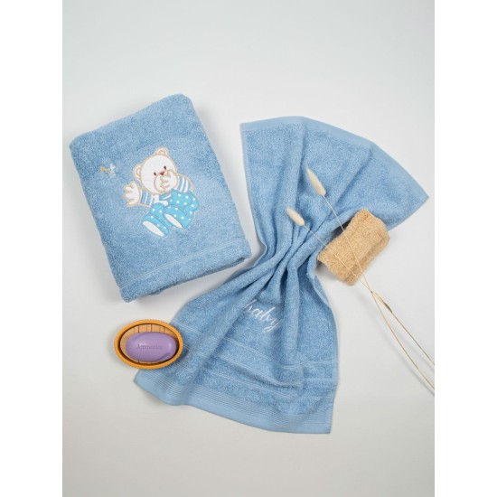 Πετσέτες Βρεφικές Με Κέντημα Σετ Bear 04 Blue-Blue Cotton Sunshine 2Τεμ