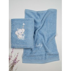 Πετσέτες Βρεφικές Με Κέντημα Σετ Elephant 03 Blue-Blue Cotton Sunshine 2Τεμ