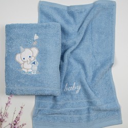 Πετσέτες Βρεφικές Με Κέντημα Σετ Elephant 03 Blue-Blue Cotton Sunshine 2Τεμ