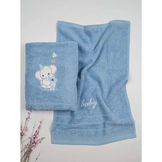 Πετσέτες Βρεφικές Με Κέντημα Σετ Elephant 03 Blue-Blue Cotton Sunshine 2Τεμ