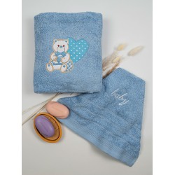 Πετσέτες Βρεφικές Με Κέντημα Σετ Heart 10 Blue-Blue Cotton Sunshine 2Τεμ