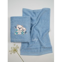 Πετσέτες Βρεφικές Με Κέντημα Σετ Panda 02 Blue-Blue Cotton Sunshine 2Τεμ