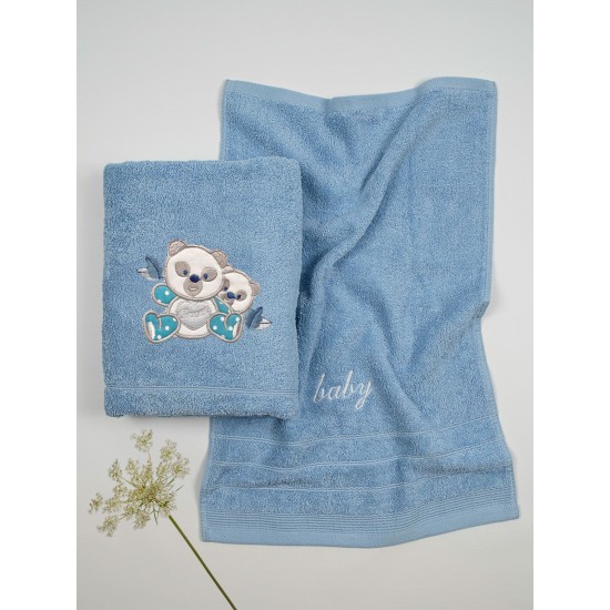 Πετσέτες Βρεφικές Με Κέντημα Σετ Panda 02 Blue-Blue Cotton Sunshine 2Τεμ