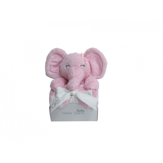 Λούτρινο Ζωάκι & Κουβερτούλα Σετ Elephant Pink Makis Tselios 2Τεμ