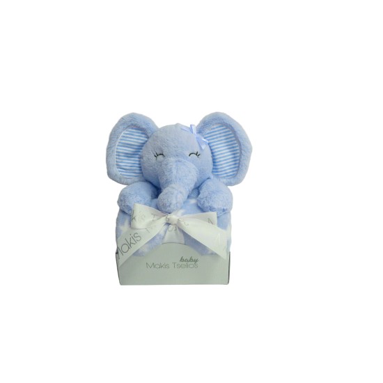 Λούτρινο Ζωάκι & Κουβερτούλα Σετ Elephant Blue Makis Tselios 2Τεμ