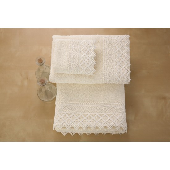 Πετσέτες Σετ Με Δαντέλα & Μπουρνούζια Νο3 Ecru Cotton Viopros 5Τεμ