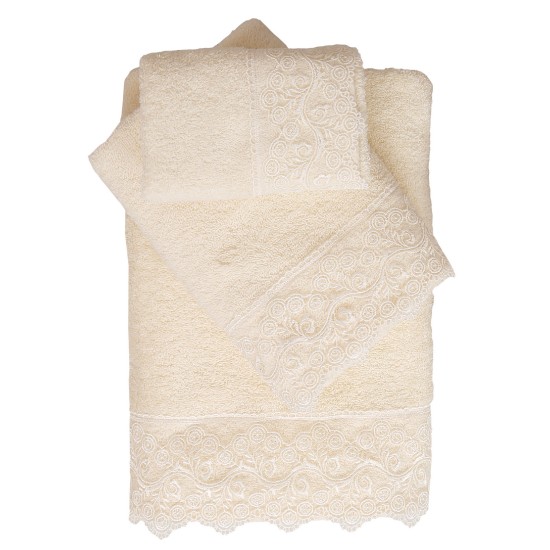 Πετσέτες Σετ Με Δαντέλα & Μπουρνούζια Νο5 Ecru Cotton Viopros 5Τεμ