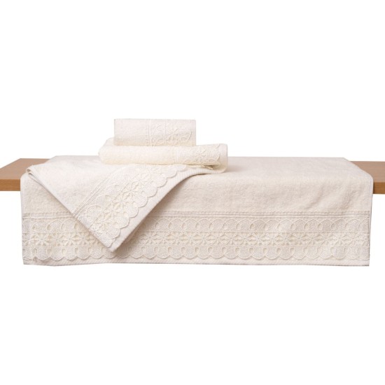 Πετσέτες Νυφικές Σετ Με Δαντέλα & Μπουρνούζια Νο14 Ecru Cotton Viopros 5Τεμ