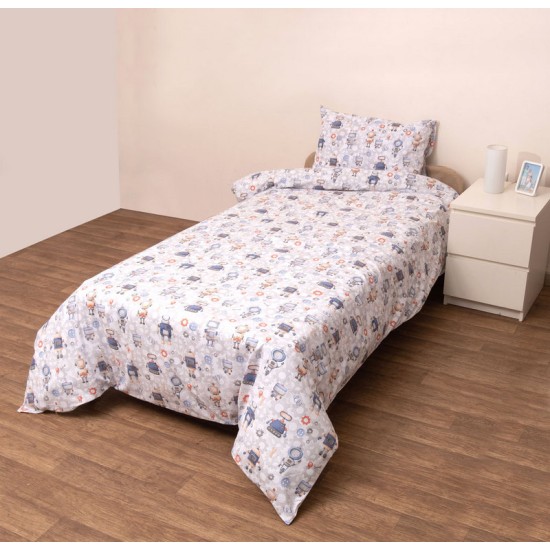 Σεντόνια Παιδικά Μονά Σετ Kids Ρομπότ Cotton Viopros (100x200+25 ) Με Λάστιχο 3Τεμ