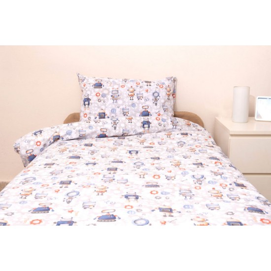 Σεντόνια Παιδικά Μονά Σετ Kids Ρομπότ Cotton Viopros (100x200+25 ) Με Λάστιχο 3Τεμ